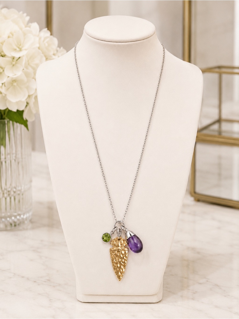 Natural Stone Genuine Amethyst Quartz Necklace Silver Plated Arrowhead NWT